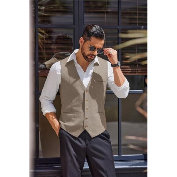 Men's Tweed Suit Vests Slim Fit Waistcoat Khaki - Picture 2 of 6
